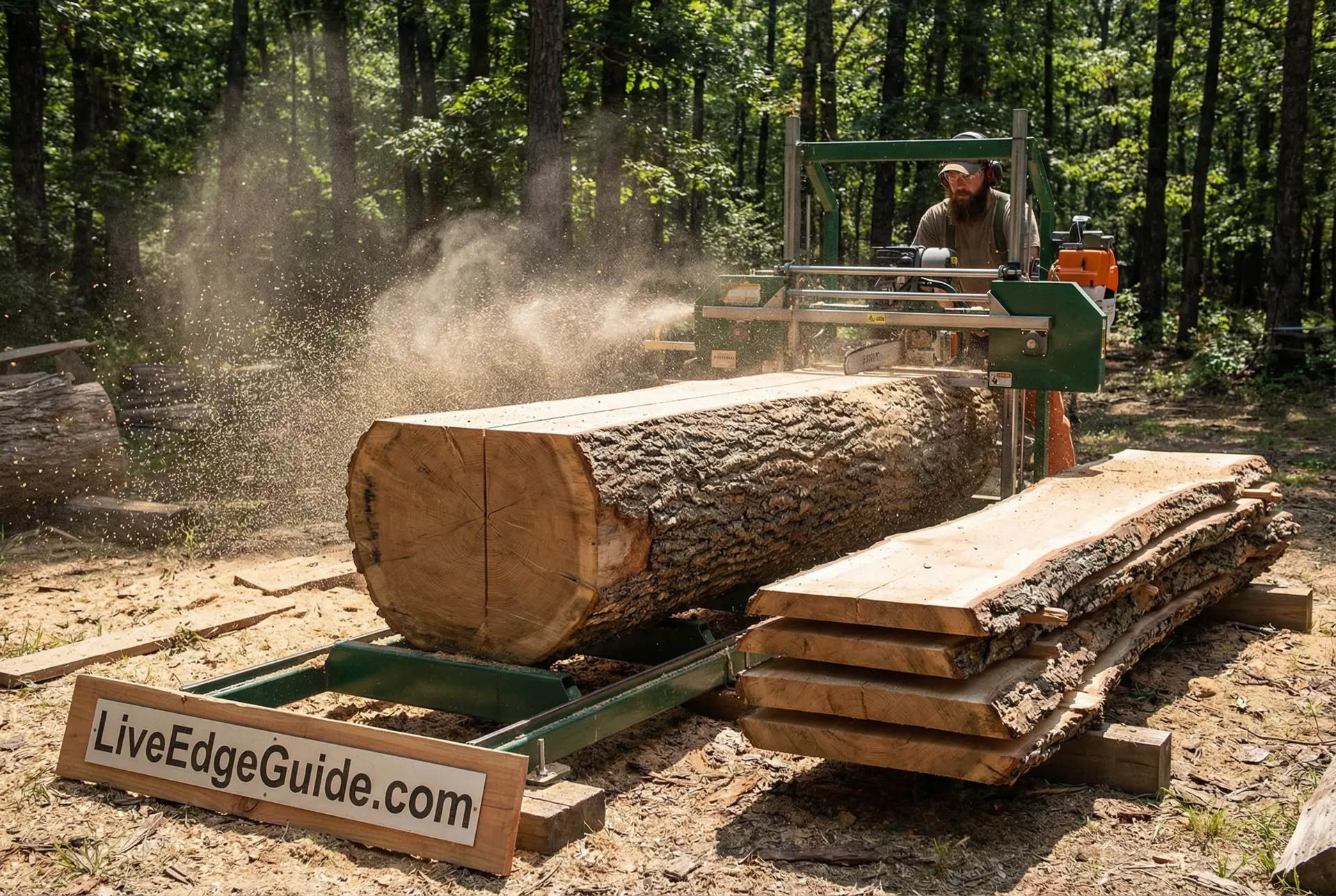 Chainsaw mill cutting through a large live edge log