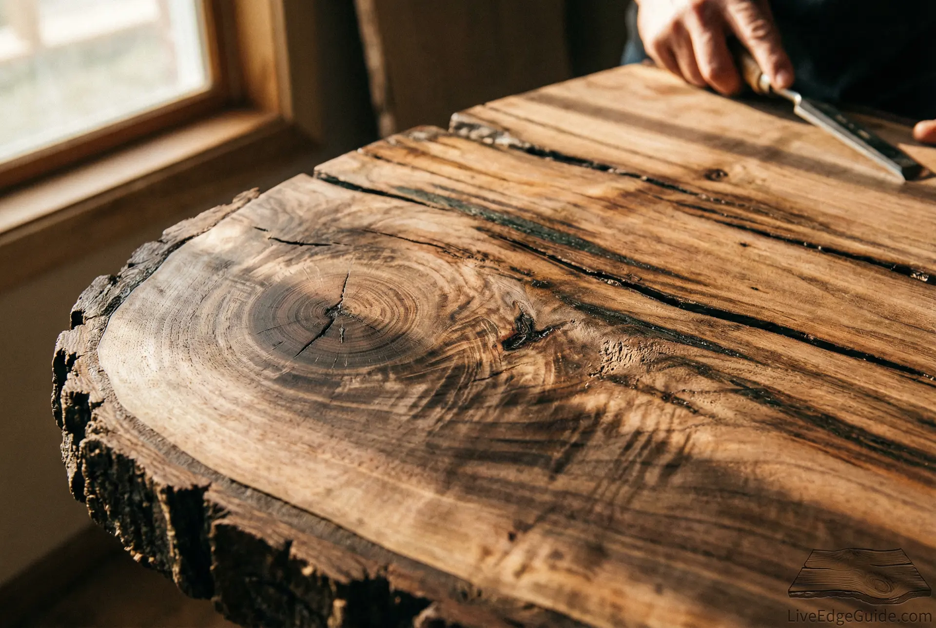 Texas pecan wood showing natural knots, spalting, and character marks