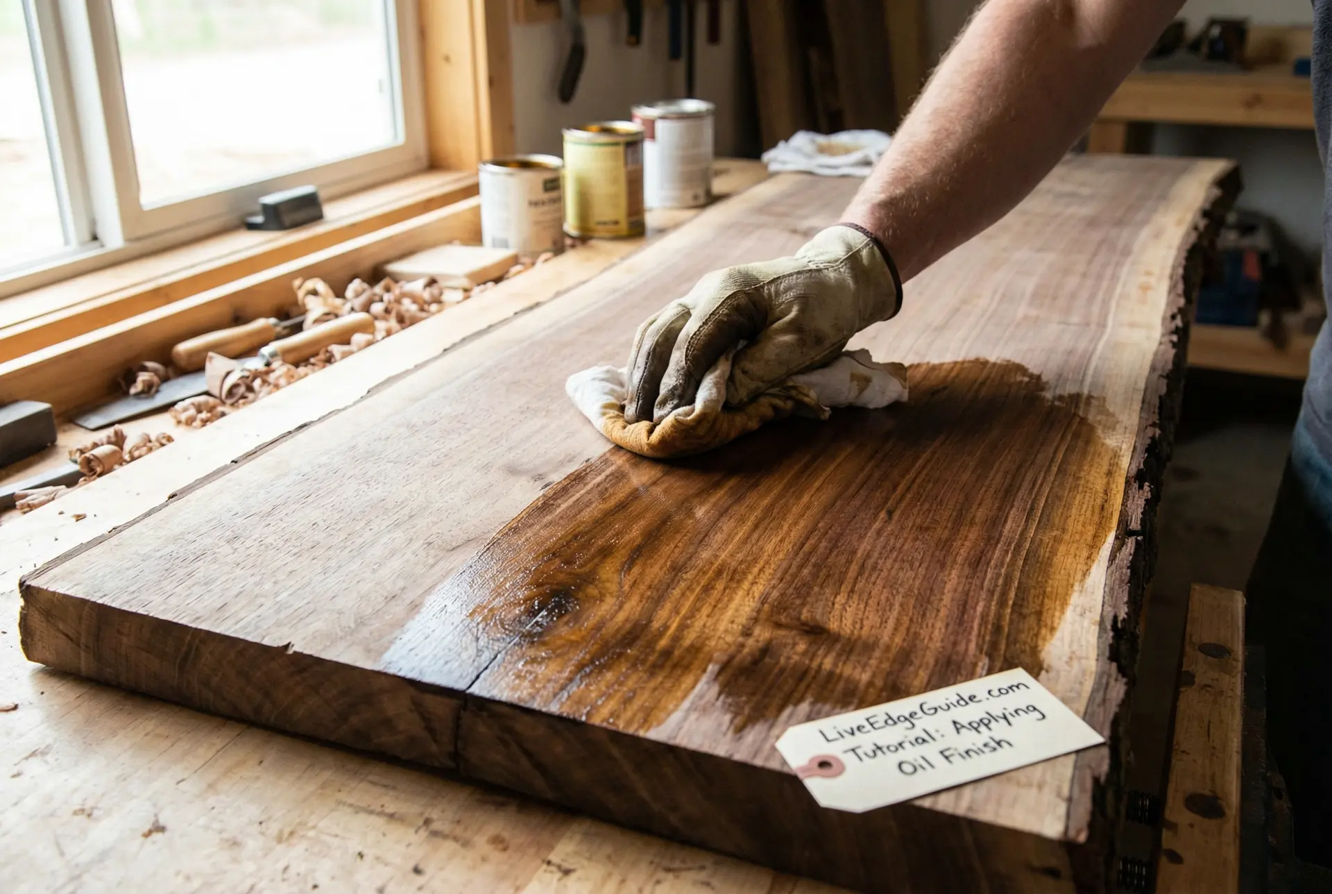 Hardwax oil finish being applied to live edge table surface