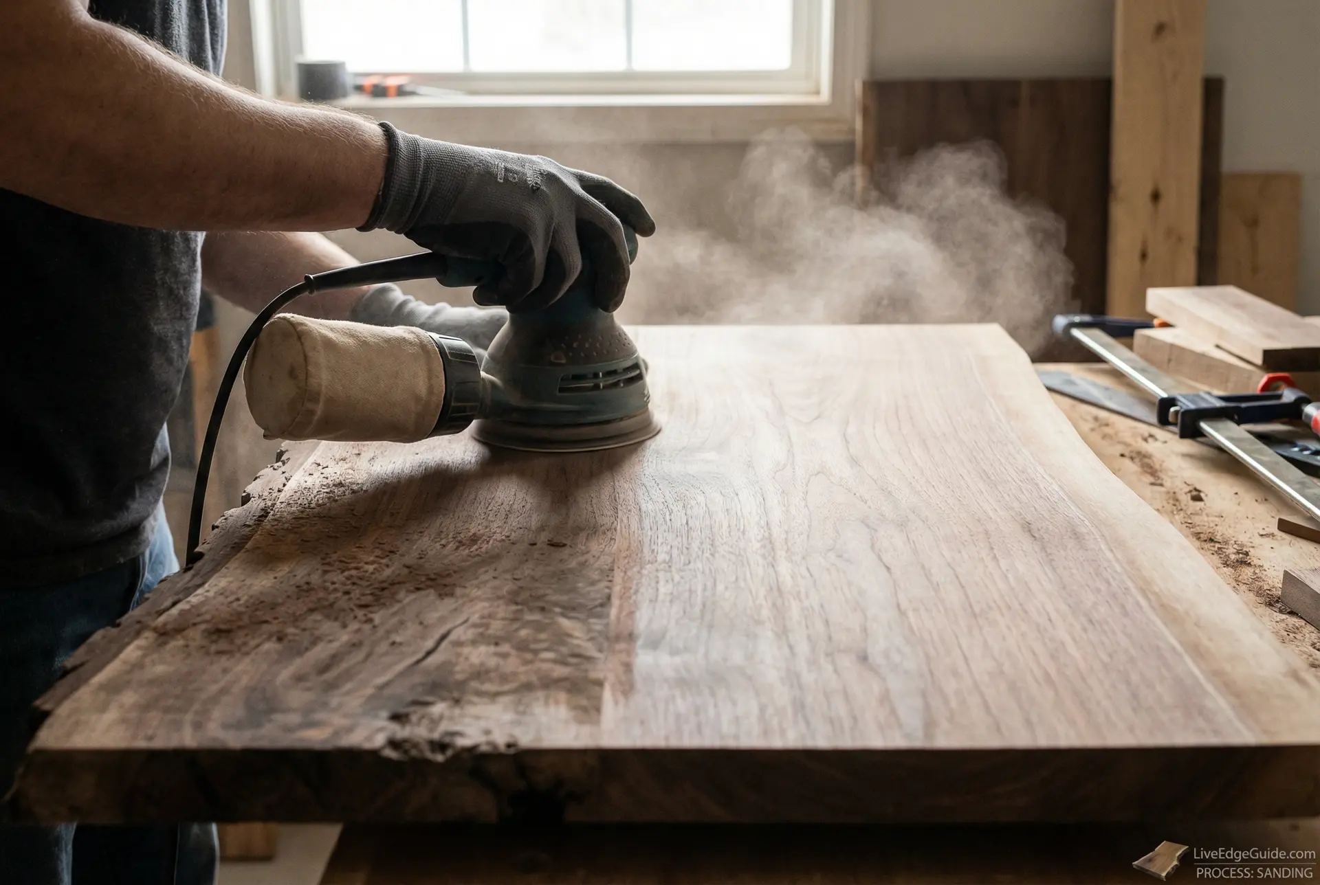 Orbital sander being used on live edge wood surface
