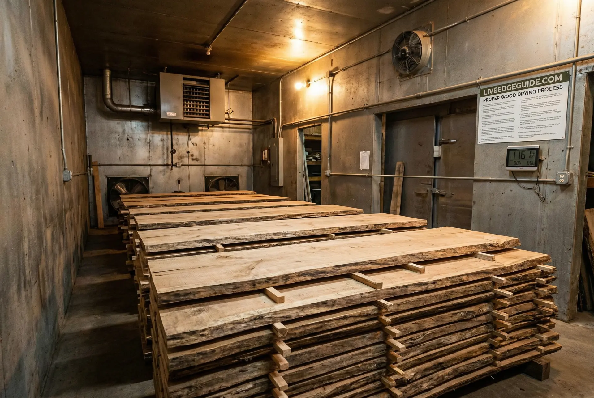 Industrial kiln drying chamber for live edge wood slabs