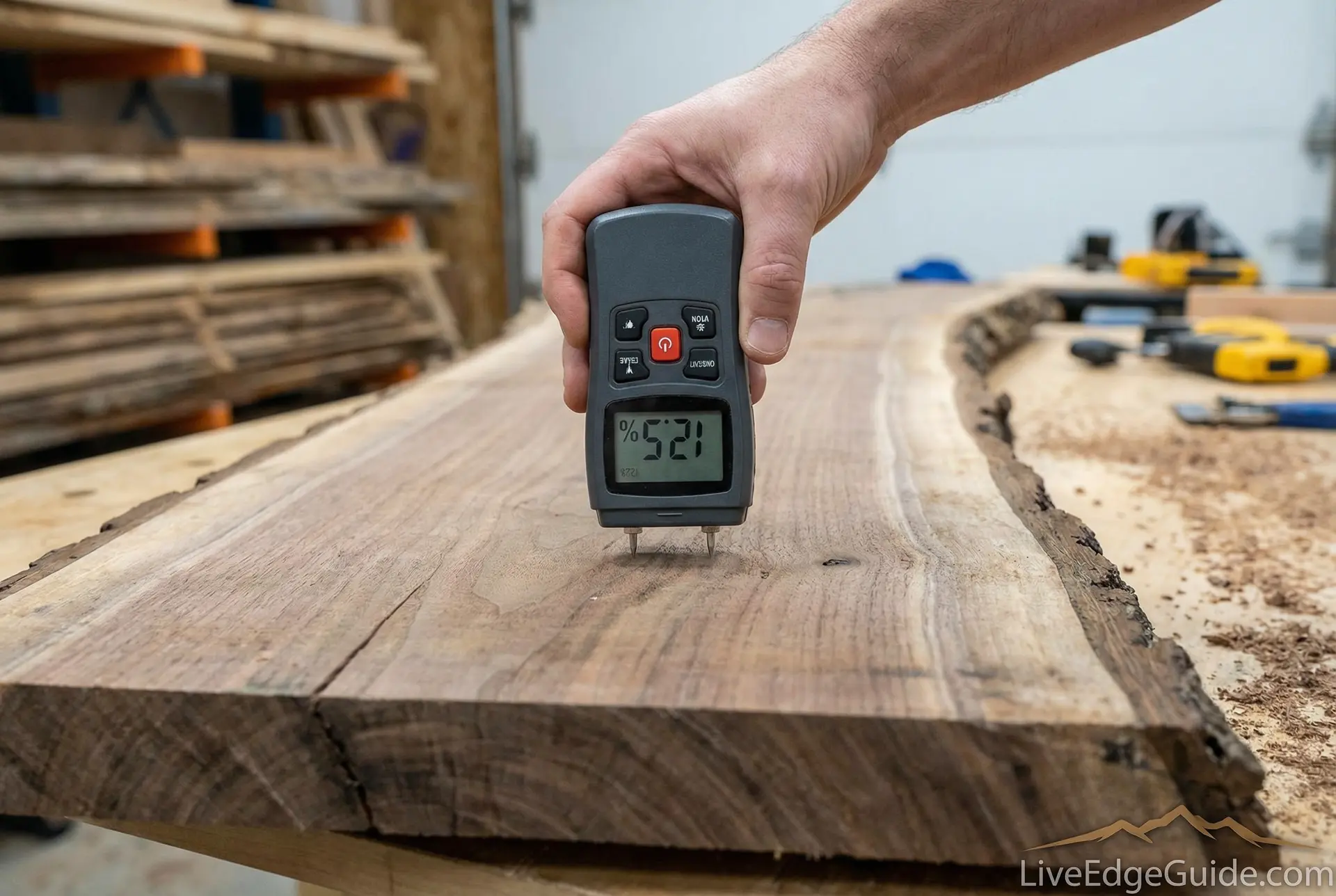 Moisture meter testing live edge wood slab for proper kiln drying